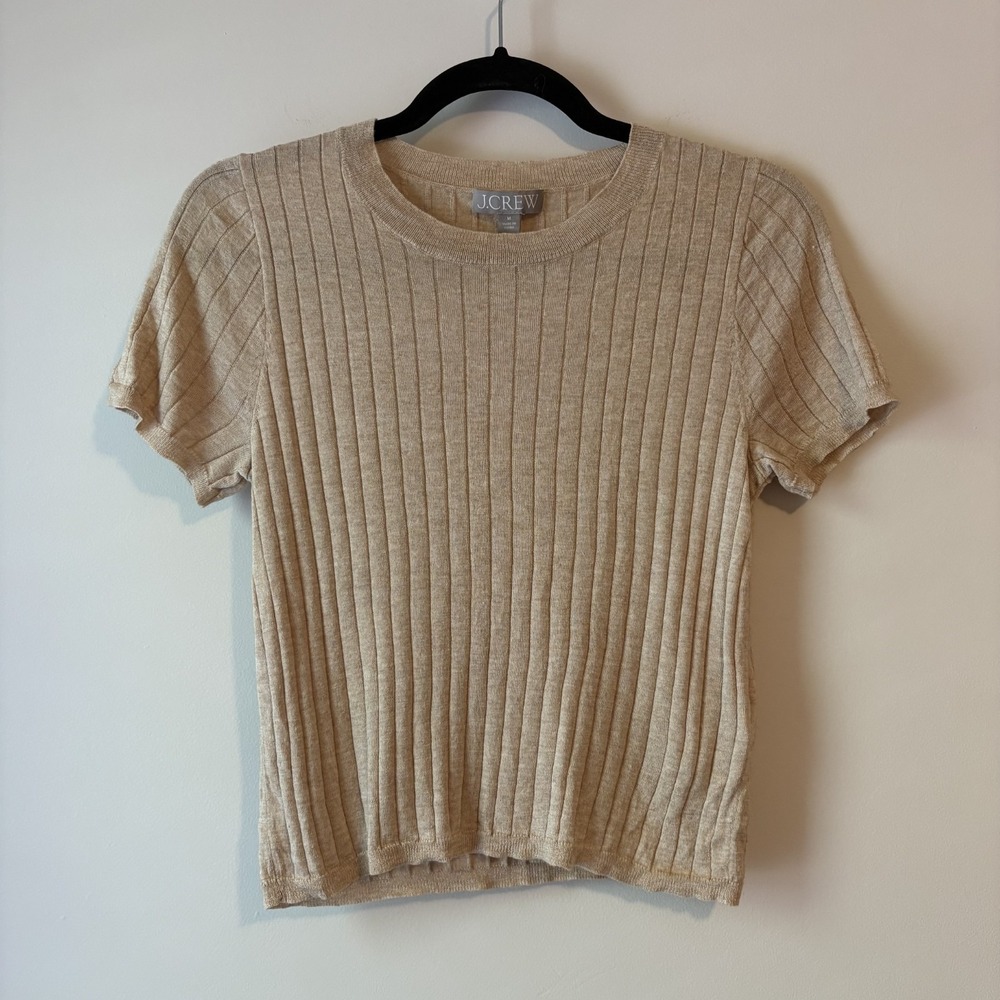 J Crew Cashmere Silk Blend Cropped Rib Knit Shirt Oatmeal M Quiet Luxury Layer